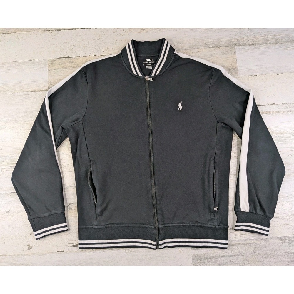 Polo Ralph Lauren Track Jacket Mens Medium Black Striped Fleece Bomber